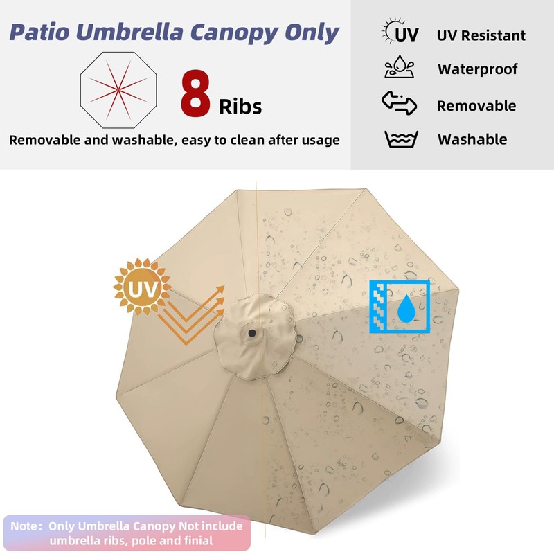 Jorohiker 9ft Patio Umbrella Replacement Canopy for 8 Ribs，Durable，Waterproof, UV-Resistant