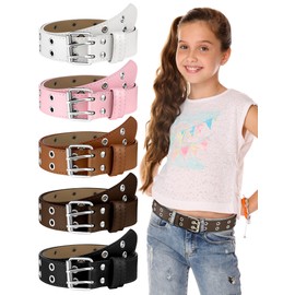 Newcotte 5 Pcs Girls Double Grommet Belts with Holes Kids PU Leather Waist Belts Kids Belt for 6-12 Year Girl Boy Jeans Pants (Cute Colors,Suit for Waist Size 22"-26")