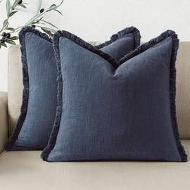 Woaboy Set of 2 Decorative Linen Fringe Throw Pillow Covers Boho Farmhouse Euro Cushion Covers Accent Pillowcases with Tassels for Living Room Couch Sofa Bed Chair,24x24 Inch,Blue
