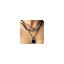 Gothic Black Layered Y2k Jewelry Set for Women Dainty Gold Stack Paperclip Chain Choker Lock Grunge Necklace Trendy Goth Statement Necklaces Accessories (Black)