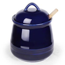 HAOTOP Ceramic Honey pot with Lid and Honey Dipper,Porcelain Honey Jar Easy to Clean and Dishwasher Safe,12oz (Navy)