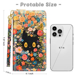 Womens Wallet, RFID Wristlet Wallets for Women, Cute Ladies Clutch Purses, Large Leather Travel Card Holder with Zipper and Phone Holder, Cute Flowers Cat