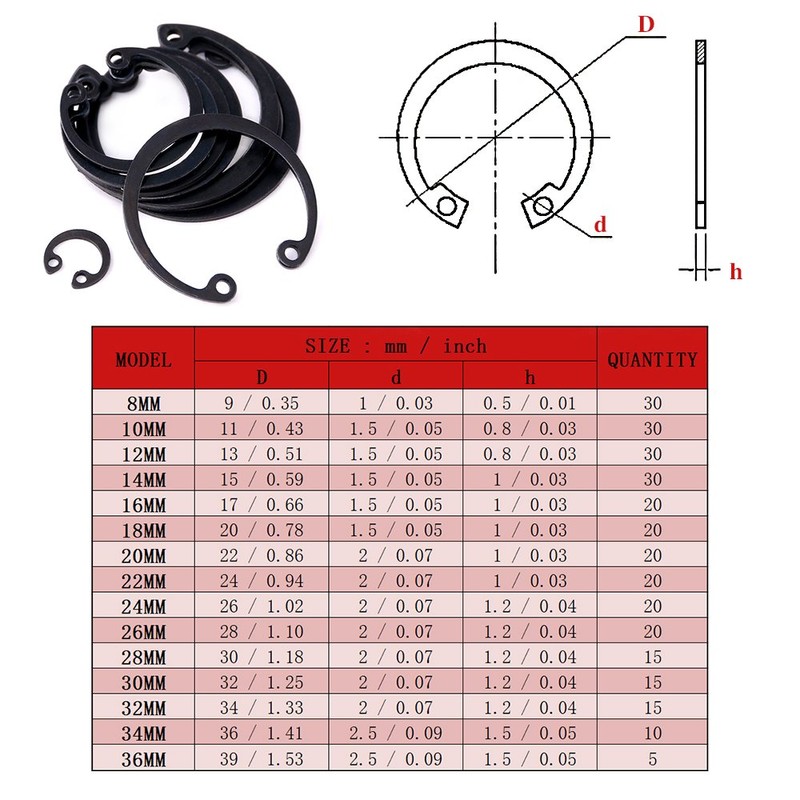 Hilitchi 300-Pcs [15-SIZE] Alloy Steel Internal Circlip Snap Retaining Clip