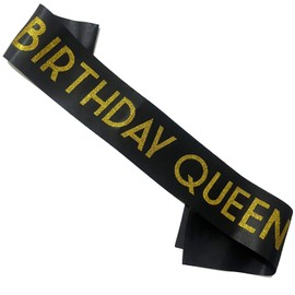 Birthday Queen Sash for Women Black Satin Soft Sash with Gold Glitter Letter Birthday Girl Sash for 16th 18th 21st 30th 40th 50th 60th 70th 80th Birthday or Any Birthday Party Decorations