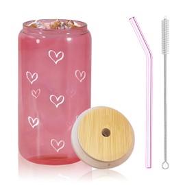 Jlmcreations Heart Patterened Cup with Bamboo Top + Glass Straw | 16oz Can Shaped Glass | Smoothie Glass | Iced Coffee Cup