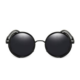 Dollger Steampunk - anteojos de sol redondas retro clásico con marco circular de metal (lente negra + marco negro, lente 100% protección UV)