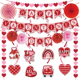 Valentines Day Decorations Set - NO DIY - Happy Valentines Day Banner & Red Pink Felt Heart Garland Banner & Hanging Swirls Valentine's Day Decorations for Home Office Bedroom Wedding Party Decor