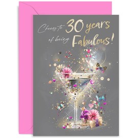 30th Birthday Card for Women - Stylish Age 30 Milestone Female Birthday Card - Cheers to 30 years - Thirtieth Birthday Gifts for Her - Fabulous Gold Foil Card for Her | Blank Inside