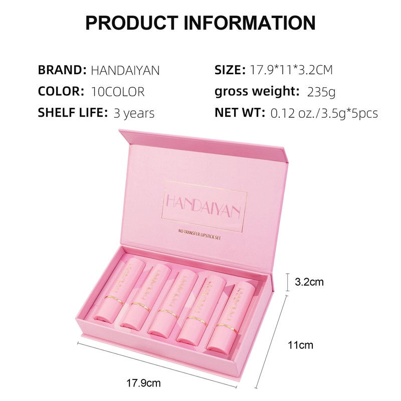 HANDAIYAN 5pcs Matte Lipstick Set Waterproof Long Lasting Non-stick Cup