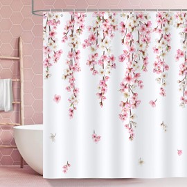 Bonhause Shower Curtain Cherry Blossom Spring Pink Flowers Japanese Shower Curtains 180 x 180 cm Anti-Mould Waterproof Polyester Fabric Washable Bathroom Curtain for Bathroom with 12 Hooks