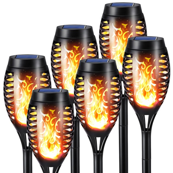 Toodour Solar Torch Flame Lights, 6 Pack Solar Halloween Lights Outdoor with Flickering Flame, Waterproof Solar Pathway Lights Landscape Decoration Lighting for Garden, Lawn, Yard, Halloween Decor