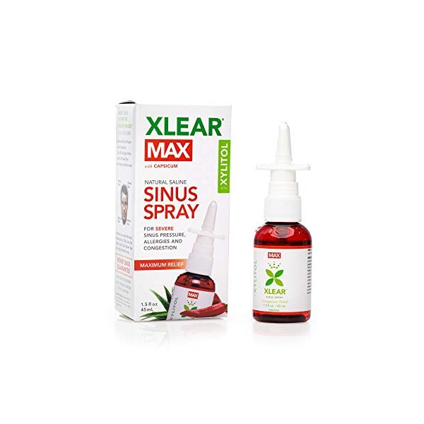 Xlear MAX Saline Nasal Spray, Natural Formula with Xylitol, Capsicum and Aloe, Nasal Decongestant for Sinus Pressure, Headache, Dry Nose for Kids and Adults, 1.5 fl oz (Pack of 1)