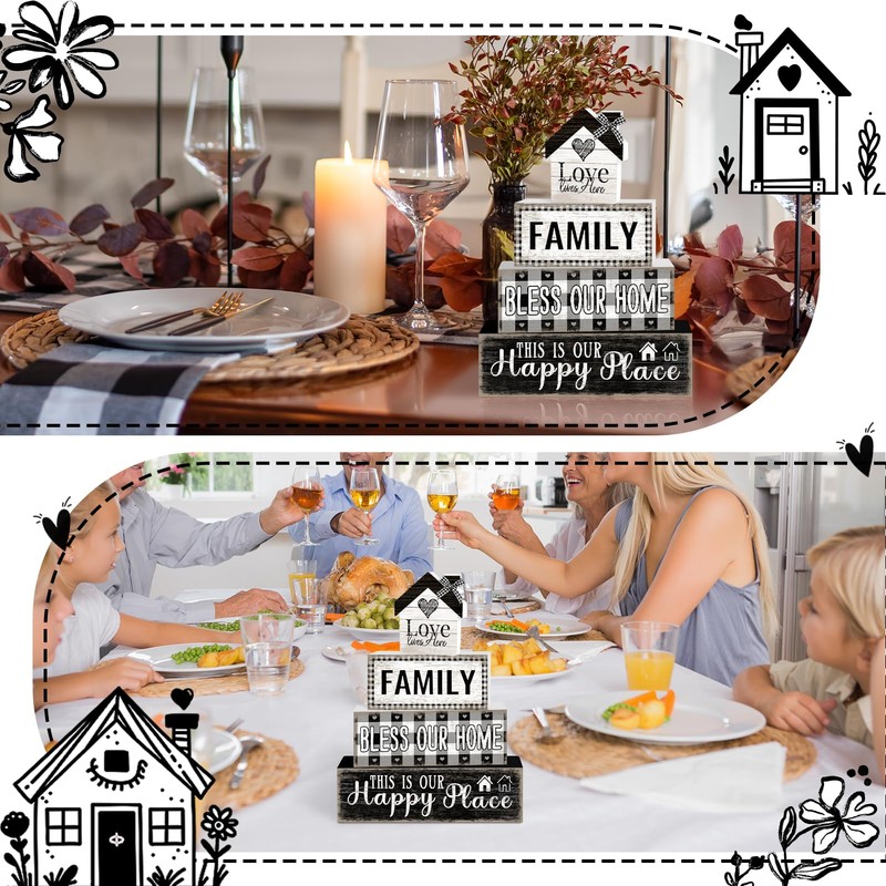 4 Pcs Farmhouse Family Wooden Tiered Tray Decor Set, Rustic