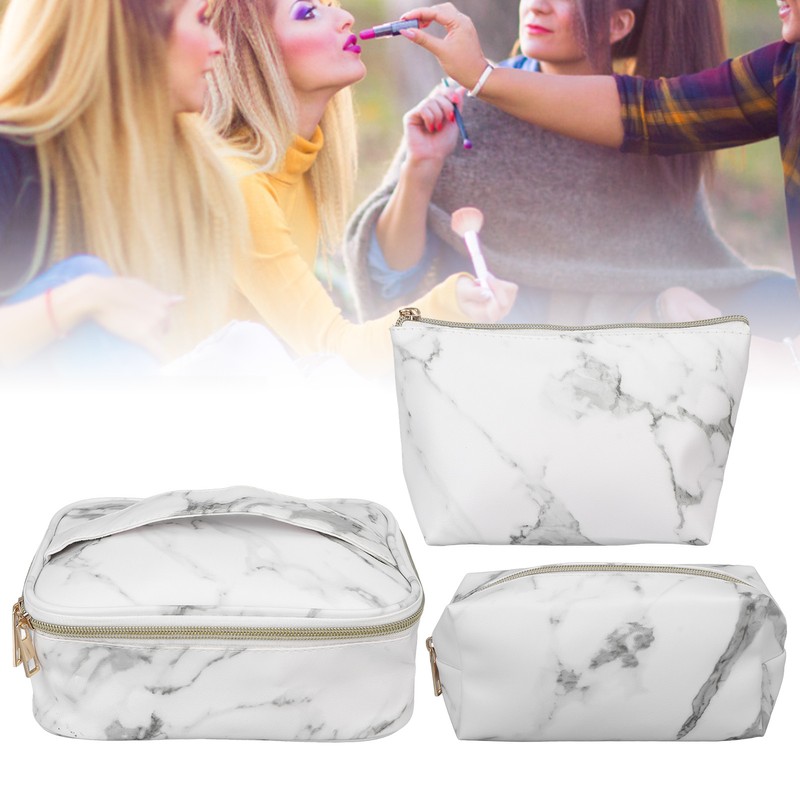 3Pcs Women Cosmetic Bag Marble Print Makeup Case Storage Handbag