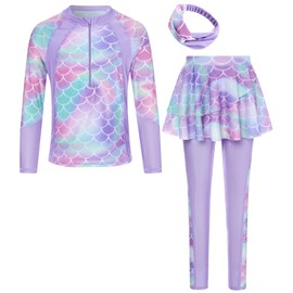 Girls Rash Guard Swimwear 2PCS Bathing Suit Kids Long Sleeve Full Coverage Swimsuit Swimming Sets Pants Skirt with Hair Tie Purple Mermaid 10-12 Y