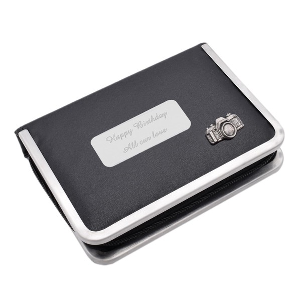 English Pewter Camera Photographers Design Black Leatherette Manicure Set with