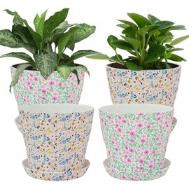 DEVSYWAX Print Flowerpots Plastic Plant Pots - 4 Pcs Outdoor Garden Seedling Planter Round Indoor Modern Succulent Houseplant Pot with Drainage 3FP-4RDSFLW