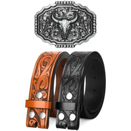SANSTHS 2 Pack Cowboy Western Belt Strap with a Buckle, Men Women Embossed Cowboy Cowgirl Belt Strap for Jeans Gifts, Two Strap/Slivery Small Bull Buckle