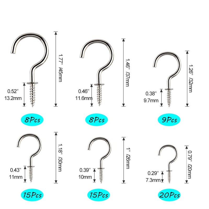 KUUQA 75 Pcs Multi-Size Nickel Plated Metal Ceiling Hooks Screw