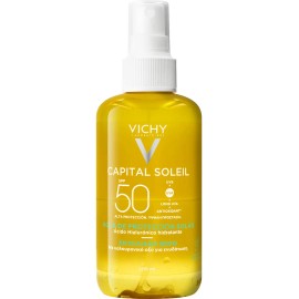 Agua Solar Protectora Corporal Hidratante con Ácido Hialurónico y Vitamina E, Protección Avanzada UVA/UVB FPS50 Capital Soleil Vichy 200ml