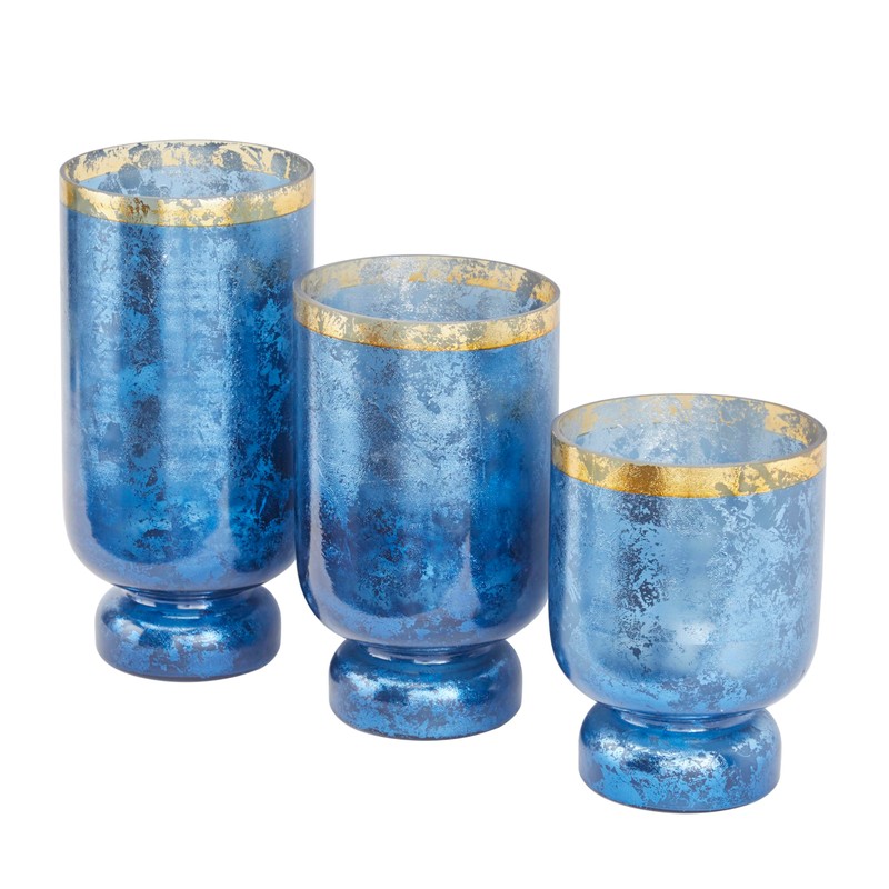 Deco 79 Glass Pillar Hurricane Lamp with Gold Interior, Set