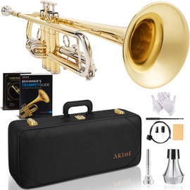 AKLOT Hand-Hammered Bell Bb Trumpet: Smooth Valve Action, Clear-Lacquered Brass Body, Standard Trumpet Beginner Set with Leather Case, Lesson Book, Trumpet Mute, Mouthpiece, Cleaning Kit (SNR-BrzED)