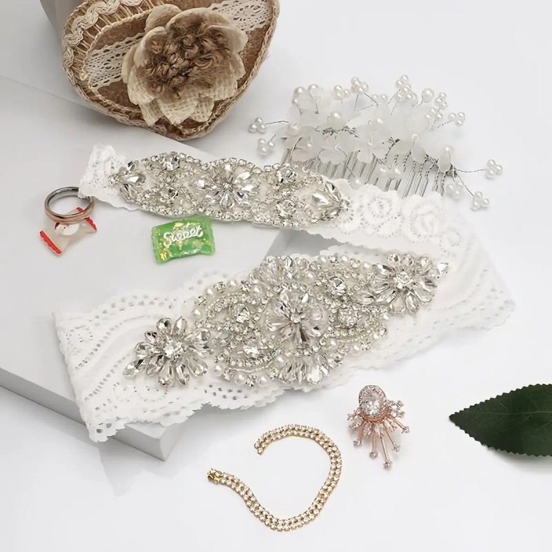 Conjunto Liguero De Encaje Elástico De Novia Con Cristal Per