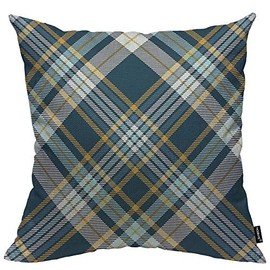 HOSNYE Plaid Check Patten Throw Pillow Case Cushion Covers Teal Green Robin Egg Blue and Mustard Yellow Cotton Linen for Couch Bed Sofa Car Waist 18 x 18 inch