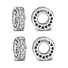 MEETCCY Round Spacer Charms for Bracelets - 925 Sterling Silver Beads Clip Stopper for Women's Bracelet (White Crystal-4PC)