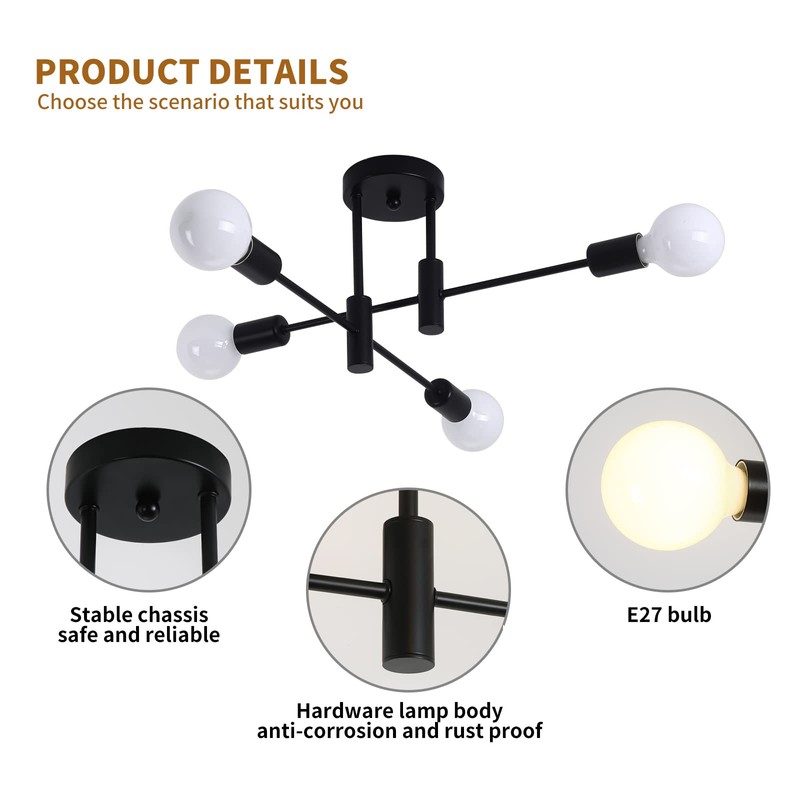 Ganeed Black Sputnik Chandelier, Industrial Semi Flush Mount Ceiling Light,