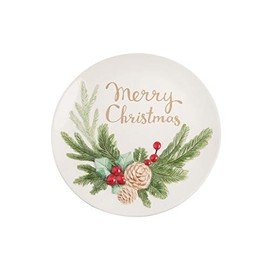 C&F Home 13" x 13" Merry Christmas Handpainted Round Dolomite Platter with Pinecone Accents 13.07" x 13.07" x 1.18" White