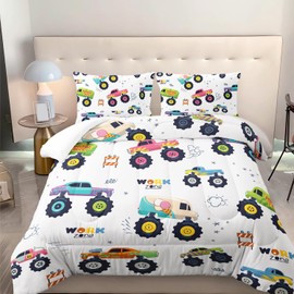 Nttopship Kids Comforter Set for Boys,Cartoon Monster Car 3 Pieces Bedding Set Full,Colorful Off-Road Vehicle All Season Soft Microfiber Down Alternative with 2 Pillowcases