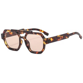 YAMEIZE Retro Double Bridge Pilot Sunglasses - for Women Men Vintage Hexagonal 70s Sun Glasses (Leopard Brown)