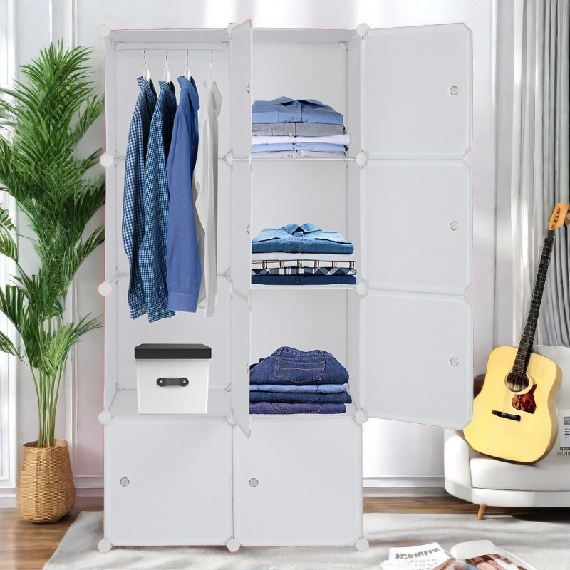 4-Tier Closet Storage Cabinet - White, 8-Cube, Hanging Rod &