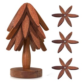 Wooden Trivets for Hot Dishes, Tree Shape Trivets Set, 3 Wooden Trivets + 1 Stand Stored Like a Christmas Tree, Sapele Wood Trivets for Hot Pots, Pans, Bowl, teapot