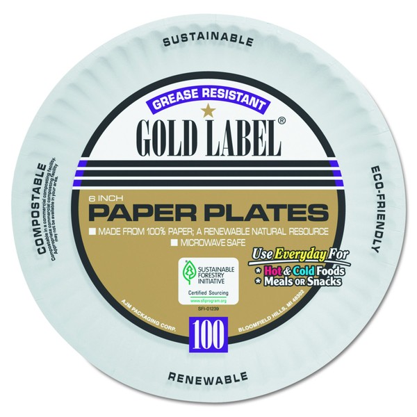 AJM Packaging Corporation Coated Paper Plates, 6" Dia, White, 100/pack, 12 Packs/Carton