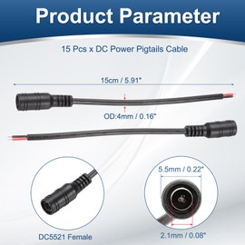 MECCANIXITY 15pcs DC Power Pigtails Cable, 5.5 x 2.1mm Female Barrel Plug Connector to Bare Wire Open End for CCTV Camera, DVR, LED Strip, 15cm Black