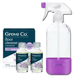 Grove Co. Floor Cleaner Refill Concentrate (2 x 1 Oz) + 1 x Durable Glass Spray Bottle (16 Oz) Plant-Based Cleaning Supplies Bundle, No Plastic Waste, 100% Natural Lavender & Thyme Scent