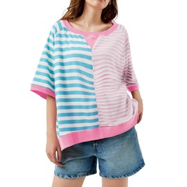 Tankaneo Womens Oversized T Shirts Summer Short Sleeve Striped Color Block Loose Fit Tops 2025 Trendy Clothes Sky Blue