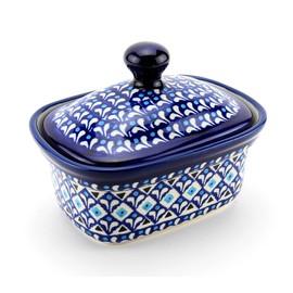 Polish Pottery Market Butter Dish with Lid, 5.75" L x 4" W x 3" H, Capacity: 14 Oz., Butter Container Keeper Storage, Handmade by Zaklady Boleslawiec Poland, Ceramic Butter Dish with Knob Handle