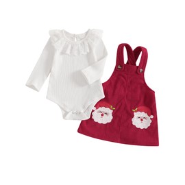 ZZLBUF Newborn Infant Baby Girl Christmas Outfits Lace Ruffle Romper Top Bodysuit Suspender Skirt Christmas Clothes Set (Lace Ruffle Romper, White Red, 6-12 Months)