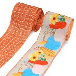 Habbiful 2 Rolls 2.5 Inch x 10 Yards Fall Wired Ribbon Pumpkin Ribbons for Crafts Wreath Bow Making Wrapping Orange Burlap Ribbons Autumn Plaid Ribbon for Thanksgiving Party Home Decoration