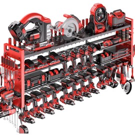 Shomextol 49.8" W Super Large Power Tool Organizer Wall Mount,4-Layer Heavy Duty Tool Storage with 18 Cordless Drill Holder,600 lb Capacity Garage Organization for Garage and Workshop (Red)