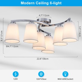 XINGQI 6-Light Modern Chandelier White Fabric Shade, 23" Large Industrial Semi Flush Mount Ceiling Light Fixture for Kitchen Bedroom Dining Room (Chrome), Hallways Staircases Foyer Lighting Fixture