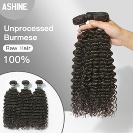 ASHINE Hair Bundles Unprocessed Burmese Raw Human Hair, 50% Less Shedding and Tangling Than Regular, 3 Bundles Deep Curly 14 16 18 Inch Natural Black