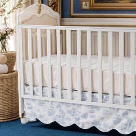 Brandream French Country Toile Crib Skirt, Baby Girl Gender Neutral Crib Skirt Scalloped Toddler Bedskirt Vintage Blue Toile Floral Print 100% Cotton Farmhouse Chic Nursery Crib Bed Skirt