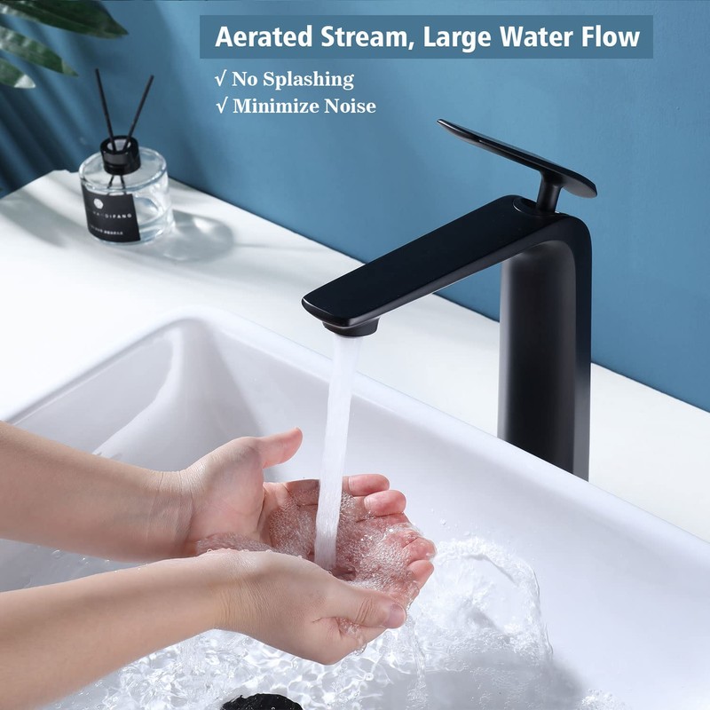 TOCALOCA Black Bathroom Faucet Tall Vessel Sink Faucet Matte Black