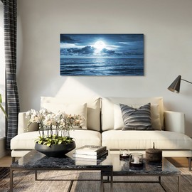wall art for living room Decorations Photo Prints - blue sea view The moon Landscape - Modern Home Decor The room Stretched and Framed Ready to Hang artwork (Blue Ocean&Moon, 30x 60inch x 1pcs)