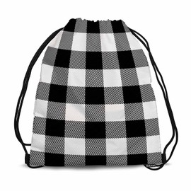 Sotunad Drawstring Gym Backpack Tartan Checkered Volleyball Bag Sports Backpack White Black Gingham Plaid Fashion Style 14x16.9 Inch