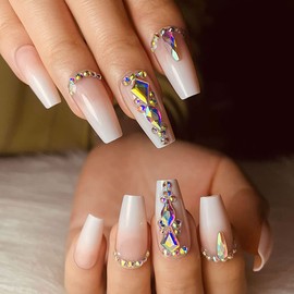 Yivaiks Coffin Press on Nails Medium | Long Pink with Rhinestones Glossy False Fake Nails French Ballerina Acrylic Nails for Women…